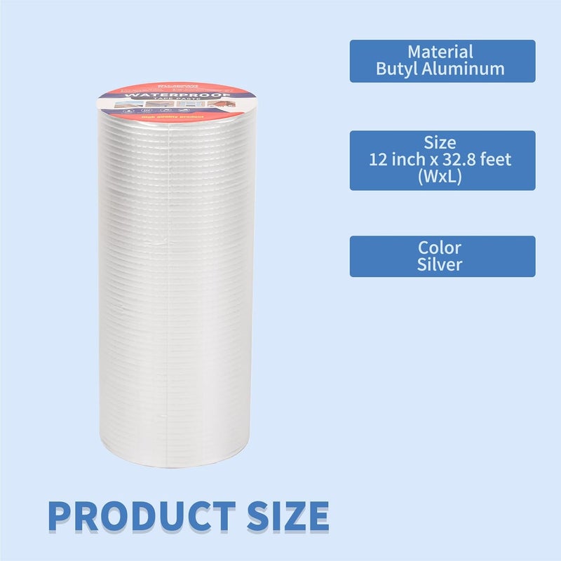 LFGUD 12" W X 32.8'L Waterproof Tape for Leaks Aluminum Butyl Tape with Adhesive for RV Repair, Glass Repairs, Air Mattress Patch, Window Caulking, Boat Sealing, Roof Patching - Image 2
